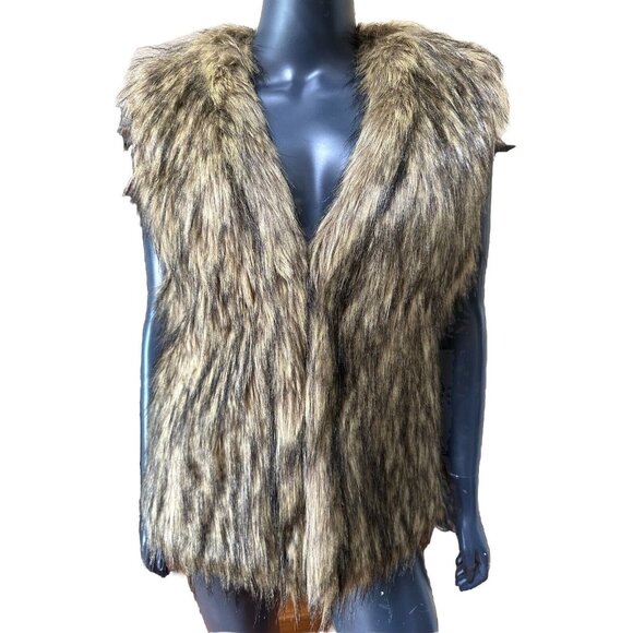 New Ellison Faux Fur Vest Women's Size M Brown Pockets Hook Eye Closure - Picture 1 of 10